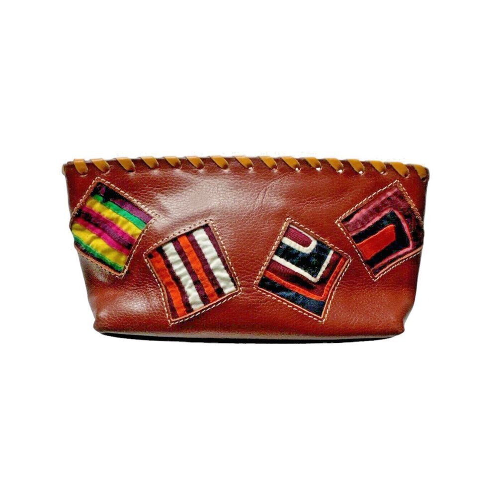 Arte Kuna‎ Colombia 100% Leather Zippered Makeup Bag with 4 Square Mola Design